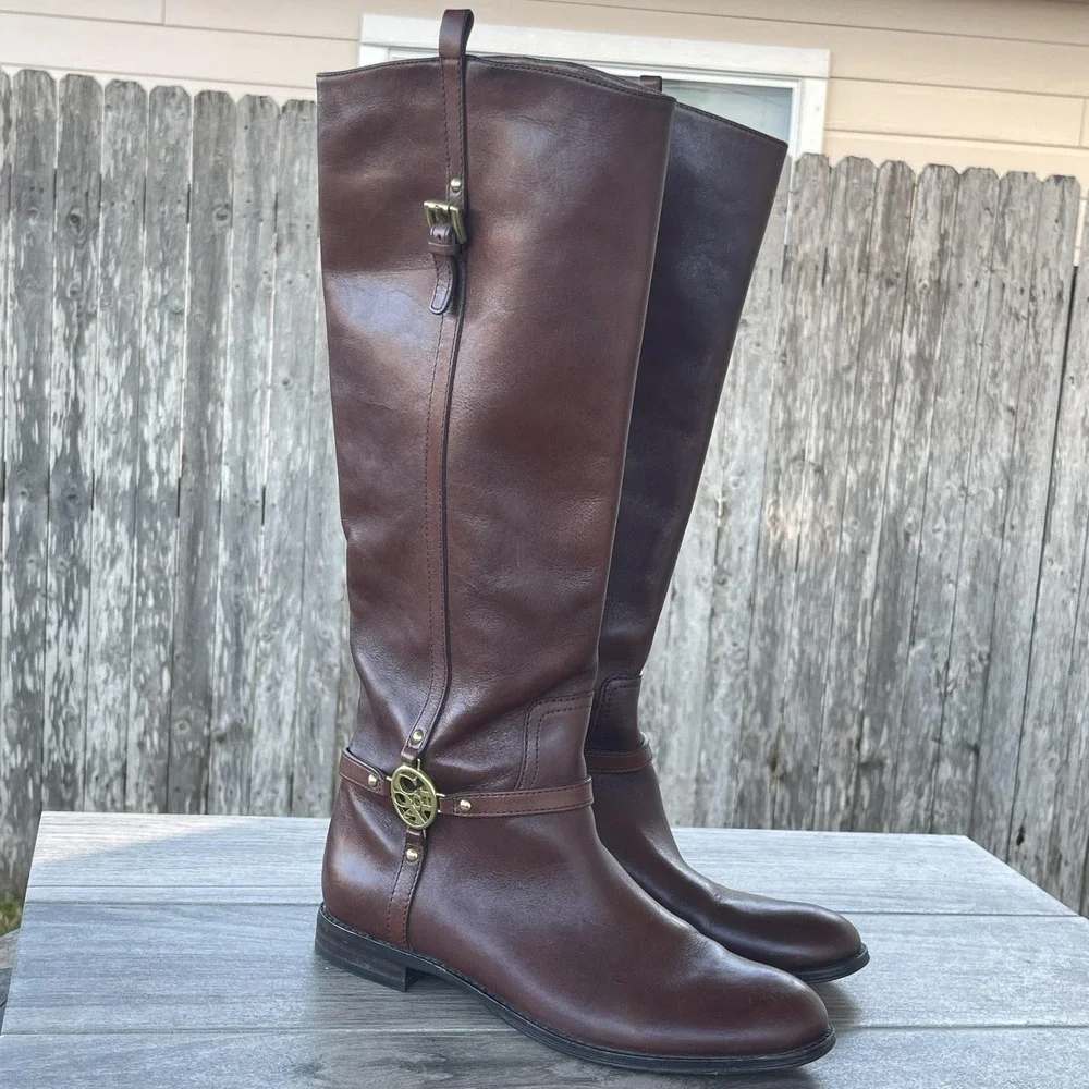 Coach Mulan‎ Tall Riding Boots Women 7B Brown Leather Logo Harness Equestrian
